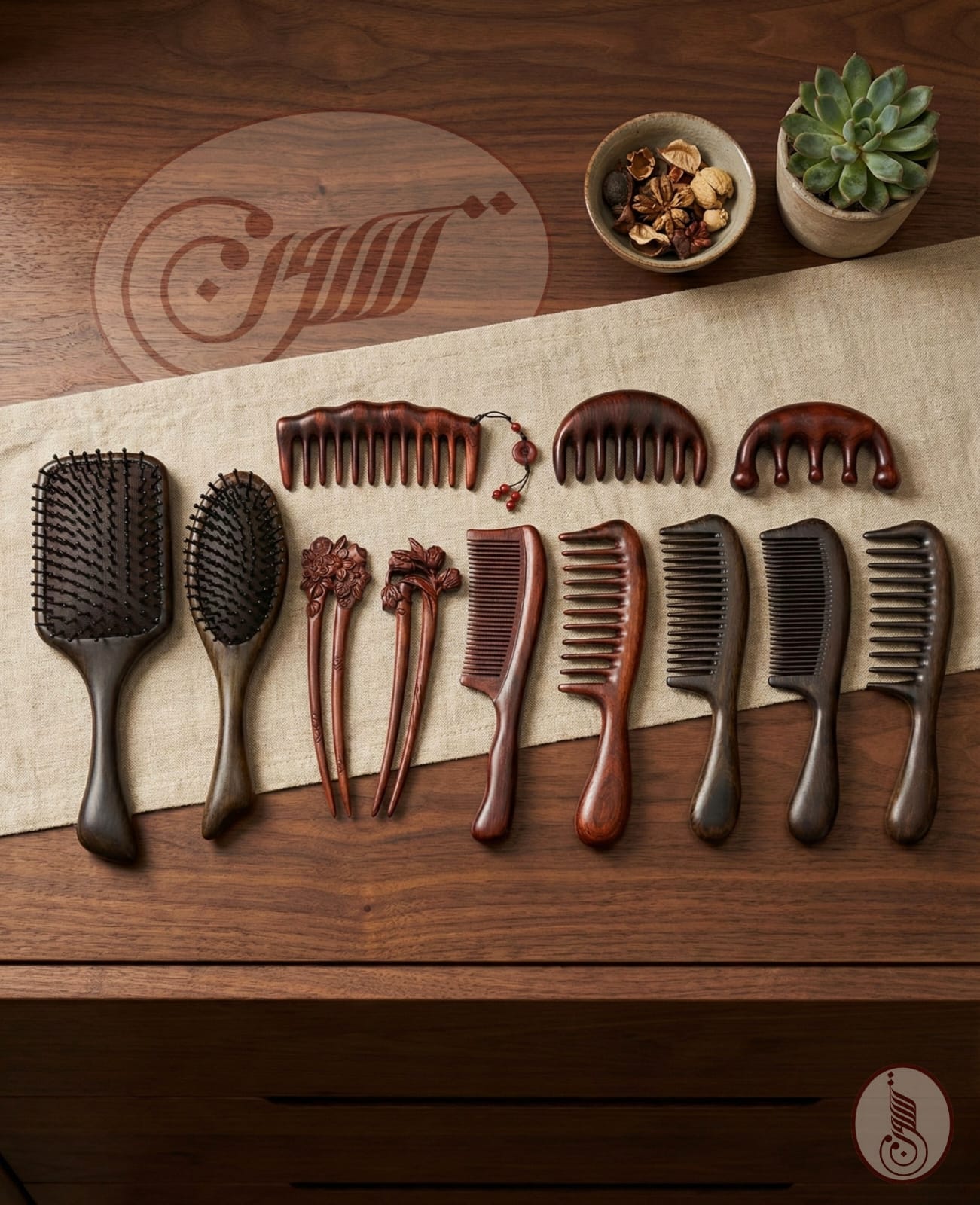 Set of hairbrushes and combs on a wooden surface with a brand logo in the background.