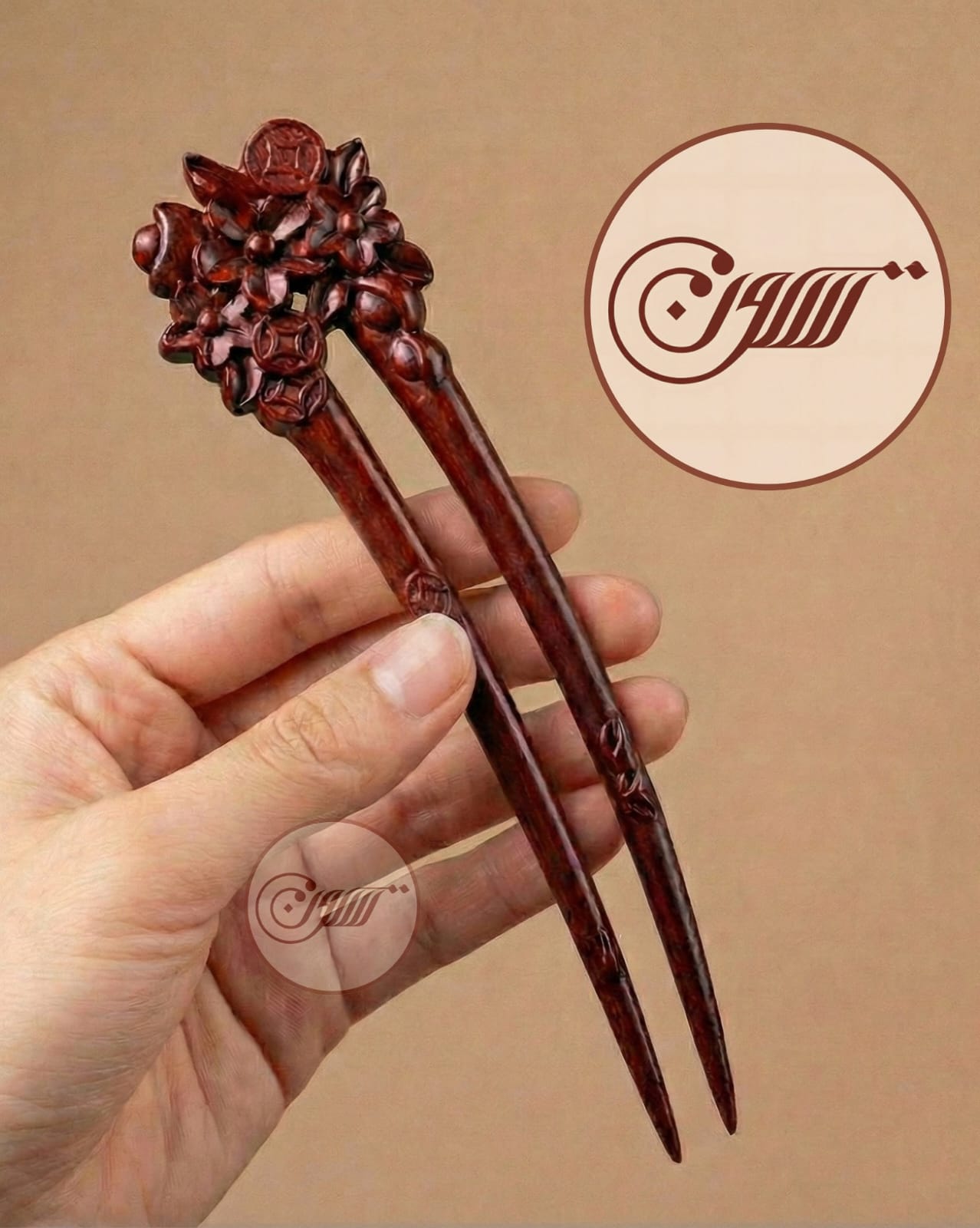 Handcrafted rosewood flower hair pin 2
