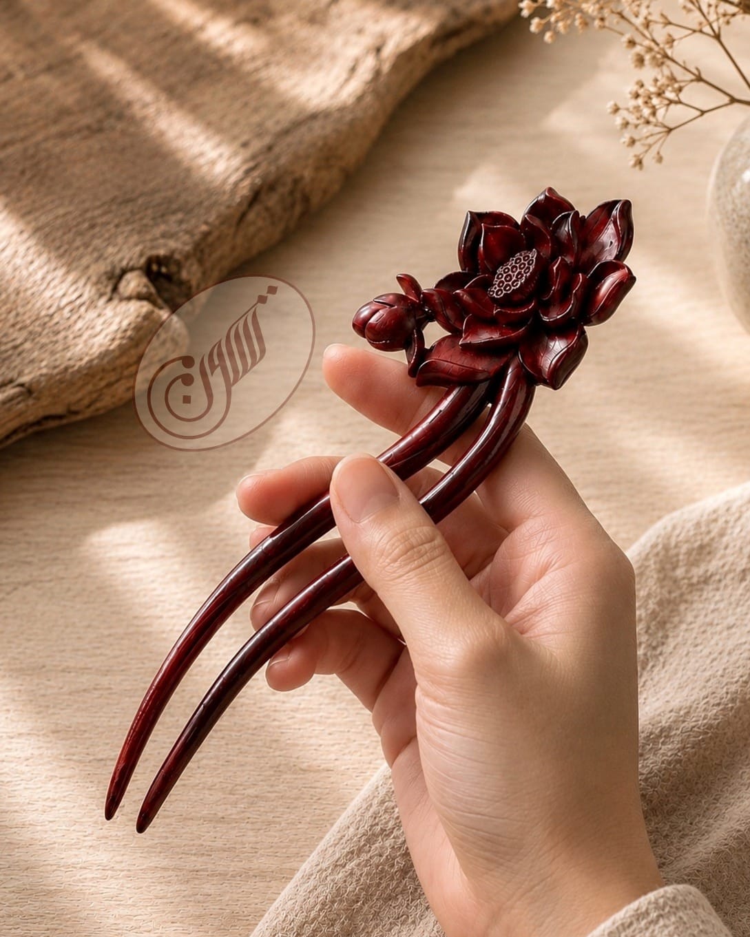 Handcrafted rosewood flower hair pin 2